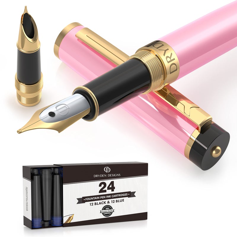 Dryden Designs Fountain Pen - Medium and Fine Nibs | Includes 24 Ink Cartridges and Ink Refill Converter | Consistent Writing, Smooth Flow - Luscious Pink - Image 1